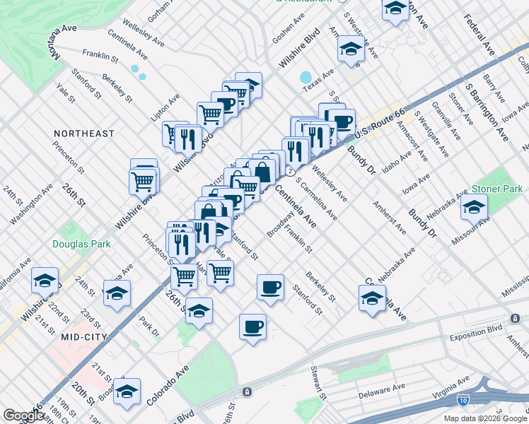 map of restaurants, bars, coffee shops, grocery stores, and more near 1430 Franklin Street in Santa Monica