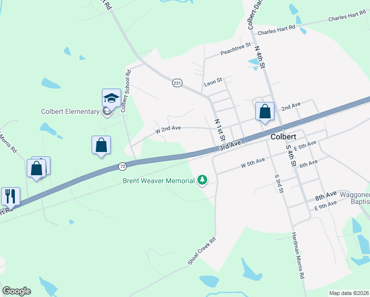 map of restaurants, bars, coffee shops, grocery stores, and more near 5846 Georgia 72 in Colbert