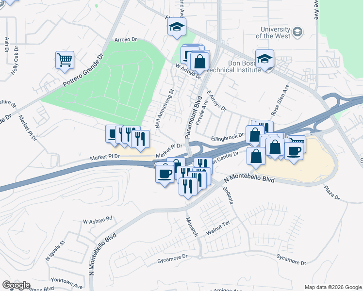 map of restaurants, bars, coffee shops, grocery stores, and more near in Montebello