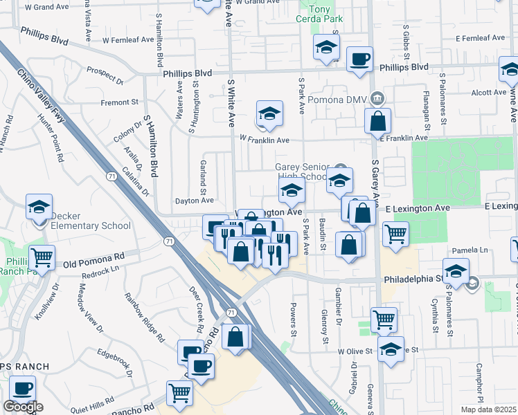 map of restaurants, bars, coffee shops, grocery stores, and more near 765 West Lexington Avenue in Pomona