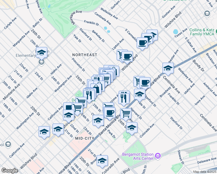 map of restaurants, bars, coffee shops, grocery stores, and more near 2702 Wilshire Boulevard in Santa Monica