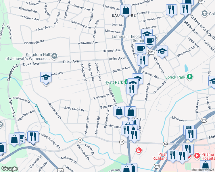 map of restaurants, bars, coffee shops, grocery stores, and more near 3809 Ridgewood Avenue in Columbia