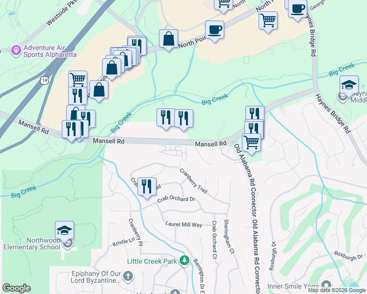 map of restaurants, bars, coffee shops, grocery stores, and more near 1105 Jardin Court in Alpharetta
