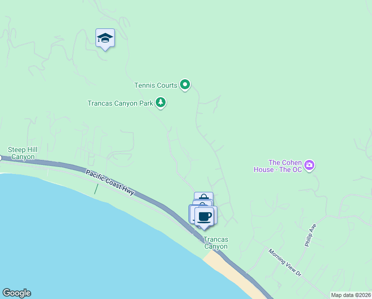 map of restaurants, bars, coffee shops, grocery stores, and more near 6200 Tapia Drive in Malibu