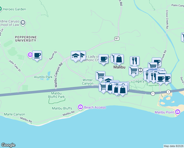 map of restaurants, bars, coffee shops, grocery stores, and more near 23965 De Ville Way in Malibu
