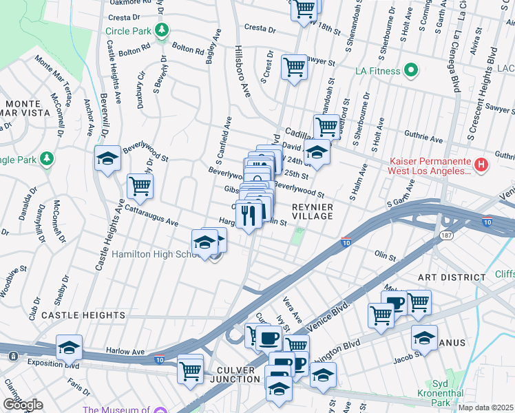 map of restaurants, bars, coffee shops, grocery stores, and more near 2817 South Robertson Boulevard in Los Angeles