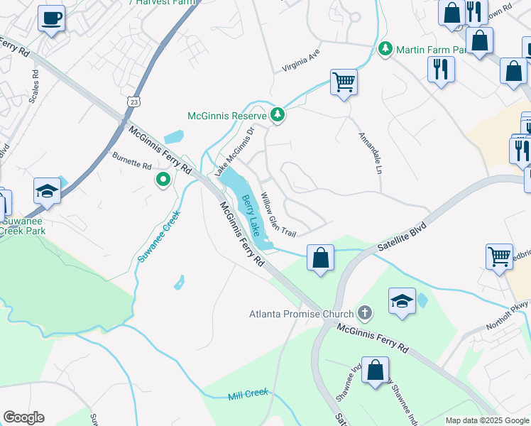 map of restaurants, bars, coffee shops, grocery stores, and more near 3404 Willow Glen Trail in Suwanee