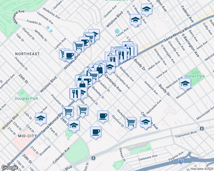map of restaurants, bars, coffee shops, grocery stores, and more near 1447 Franklin Street in Santa Monica