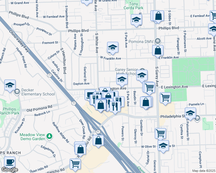map of restaurants, bars, coffee shops, grocery stores, and more near 765 West Lexington Avenue in Pomona
