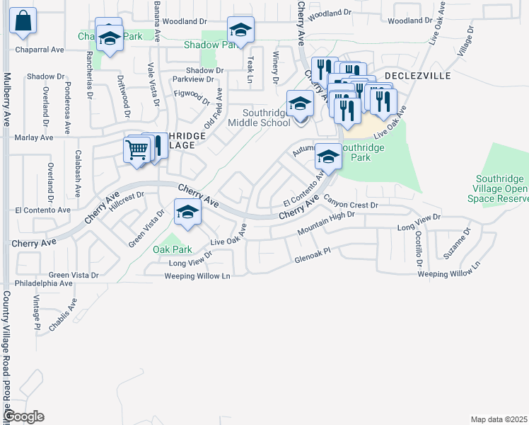map of restaurants, bars, coffee shops, grocery stores, and more near 14421 El Contento Avenue in Fontana