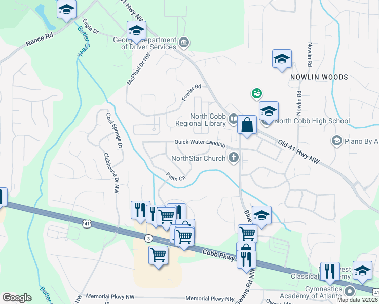 map of restaurants, bars, coffee shops, grocery stores, and more near 3484 Northfield Way in Kennesaw
