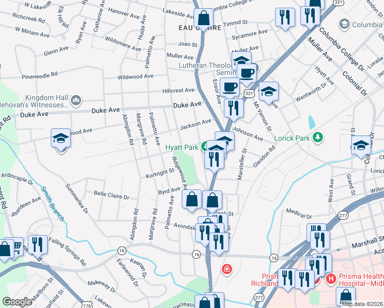 map of restaurants, bars, coffee shops, grocery stores, and more near 3712 Fern Avenue in Columbia