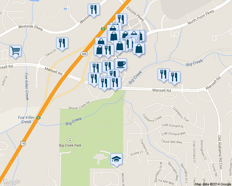 map of restaurants, bars, coffee shops, grocery stores, and more near 2375 Mansell Road in Alpharetta