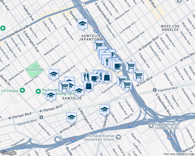 map of restaurants, bars, coffee shops, grocery stores, and more near 11400 West Olympic Boulevard in Los Angeles