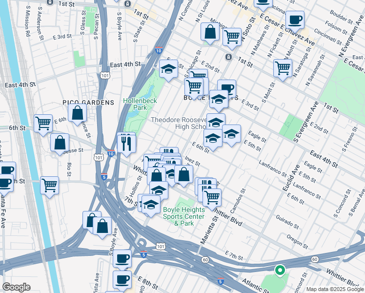 map of restaurants, bars, coffee shops, grocery stores, and more near 617 South Soto Street in Los Angeles