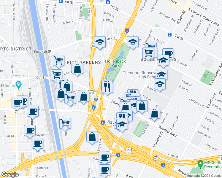 map of restaurants, bars, coffee shops, grocery stores, and more near 727 South Saint Louis Street in Los Angeles