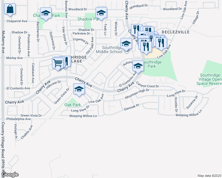 map of restaurants, bars, coffee shops, grocery stores, and more near 14421 El Contento Avenue in Fontana