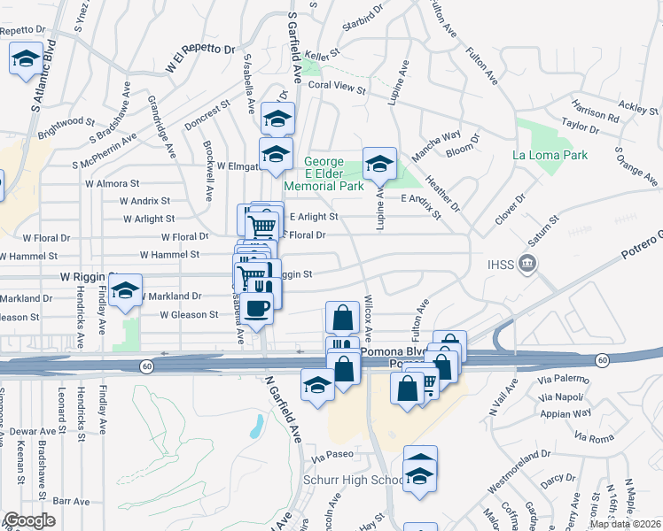 map of restaurants, bars, coffee shops, grocery stores, and more near 261 East Markland Drive in Monterey Park