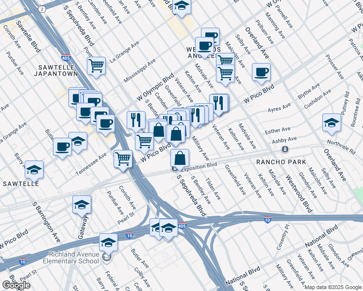 map of restaurants, bars, coffee shops, grocery stores, and more near 11060 West Pico Boulevard in Los Angeles
