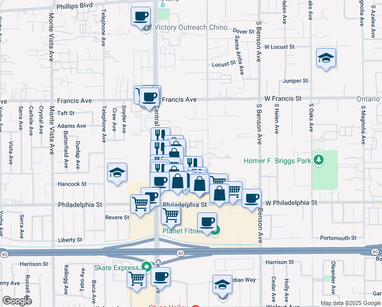 map of restaurants, bars, coffee shops, grocery stores, and more near 5440 Iowa Court in Chino