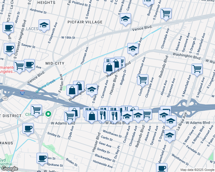 map of restaurants, bars, coffee shops, grocery stores, and more near 2226 Carmona Avenue in Los Angeles