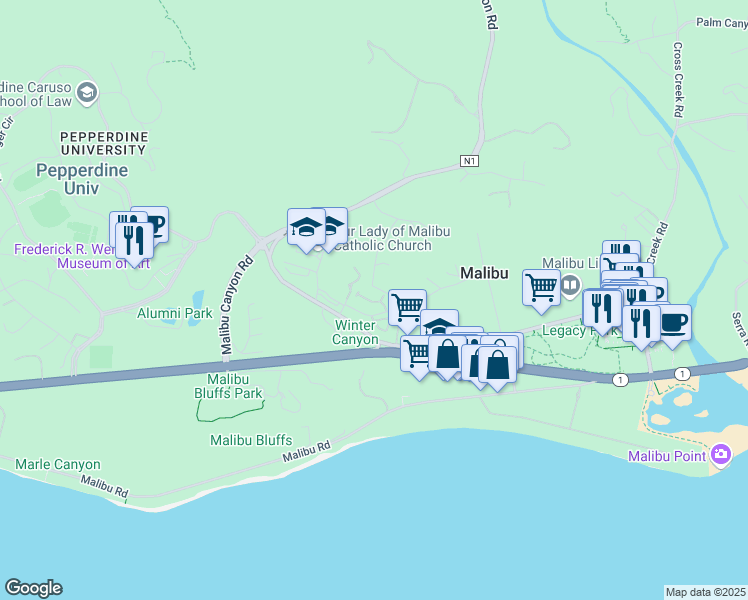 map of restaurants, bars, coffee shops, grocery stores, and more near 23929 De Ville Way in Malibu