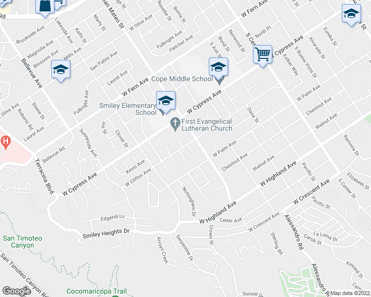 map of restaurants, bars, coffee shops, grocery stores, and more near 1213 West Clifton Avenue in Redlands