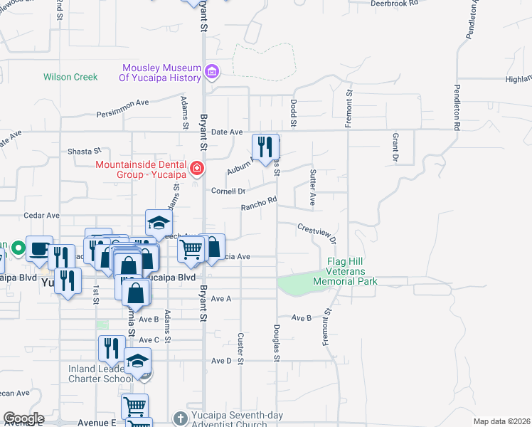 map of restaurants, bars, coffee shops, grocery stores, and more near 35521 Crestview Drive in Yucaipa