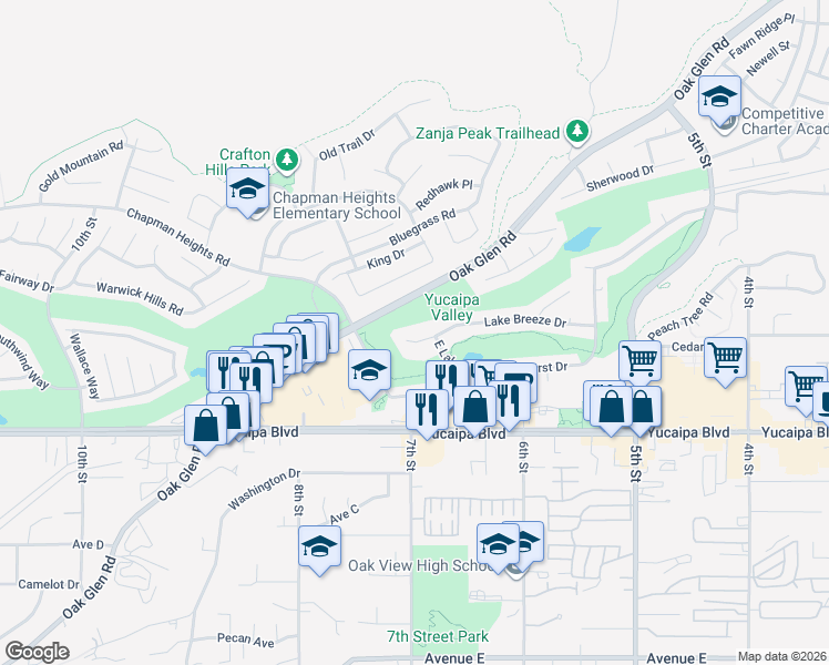 map of restaurants, bars, coffee shops, grocery stores, and more near 33929 Lake Breeze Drive in Yucaipa
