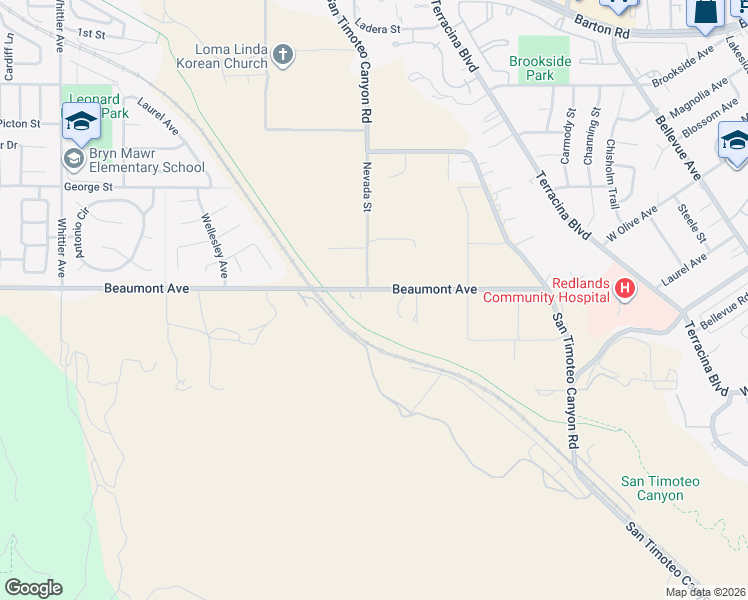 map of restaurants, bars, coffee shops, grocery stores, and more near 26875 Beaumont Avenue in Redlands