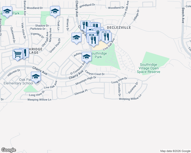 map of restaurants, bars, coffee shops, grocery stores, and more near 14644 Long View Drive in Fontana