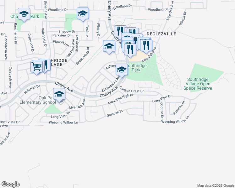 map of restaurants, bars, coffee shops, grocery stores, and more near 14571 Mountain High Drive in Fontana