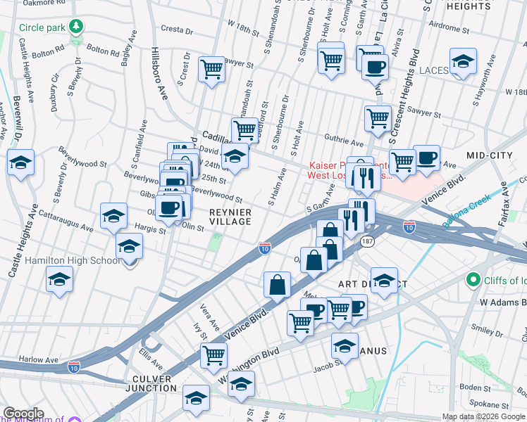 map of restaurants, bars, coffee shops, grocery stores, and more near 2618 South Halm Avenue in Los Angeles