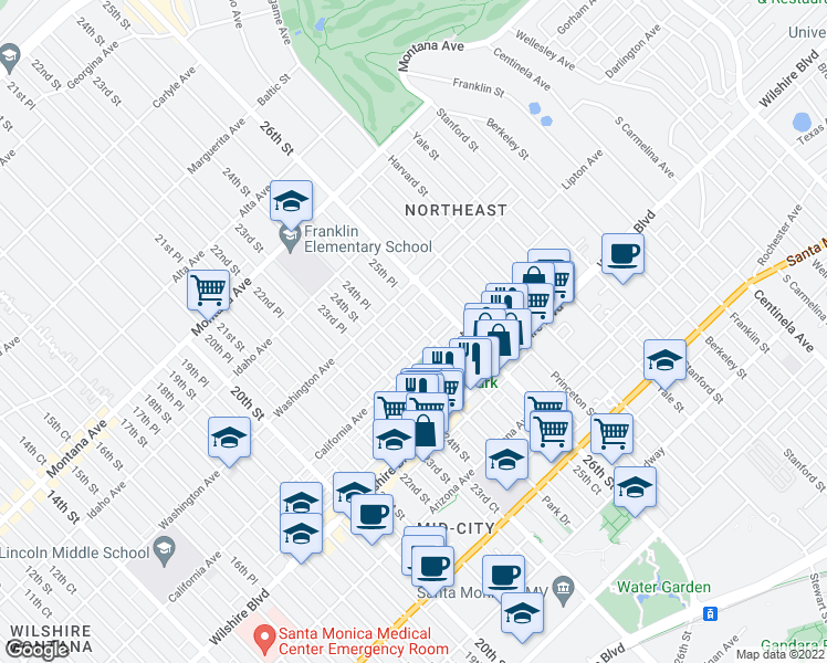 map of restaurants, bars, coffee shops, grocery stores, and more near 2445 California Avenue in Santa Monica