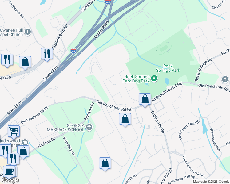 map of restaurants, bars, coffee shops, grocery stores, and more near 2925 Ridge Oak Drive in Suwanee