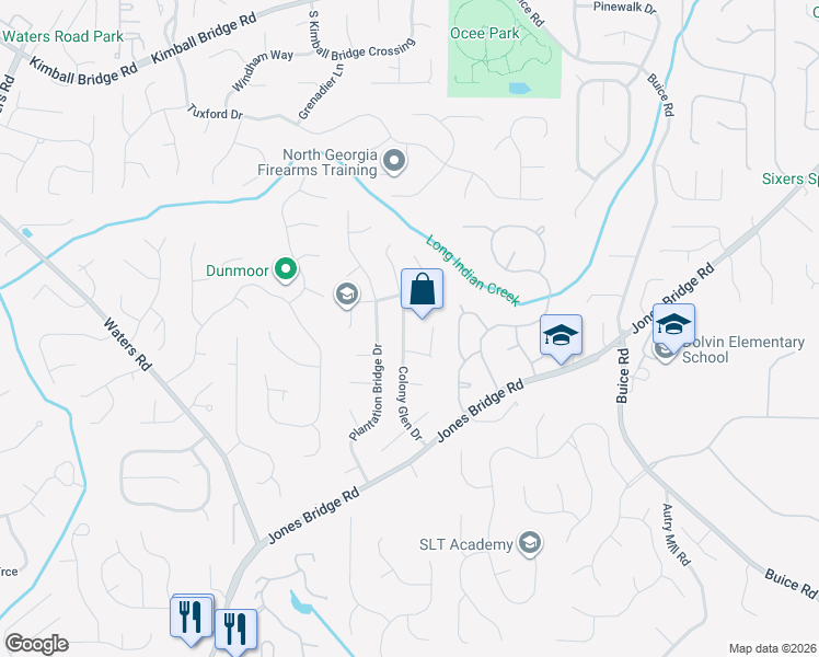 map of restaurants, bars, coffee shops, grocery stores, and more near 110 Colony Run in Alpharetta