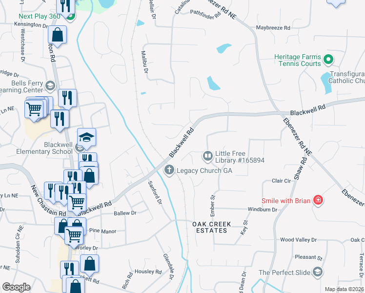 map of restaurants, bars, coffee shops, grocery stores, and more near 1160 Autumn Ridge Drive in Marietta