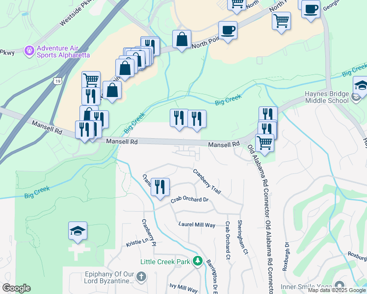 map of restaurants, bars, coffee shops, grocery stores, and more near 1105 Jardin Court in Alpharetta