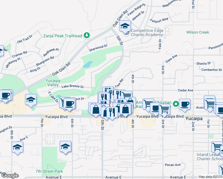 map of restaurants, bars, coffee shops, grocery stores, and more near 101 Cedar Avenue in Yucaipa