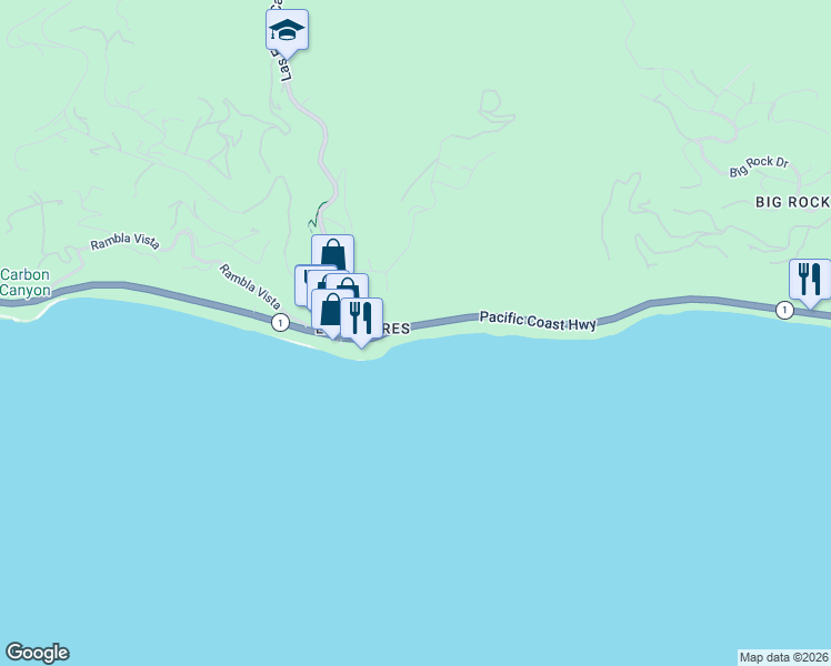 map of restaurants, bars, coffee shops, grocery stores, and more near 21066 Pacific Coast Highway in Malibu