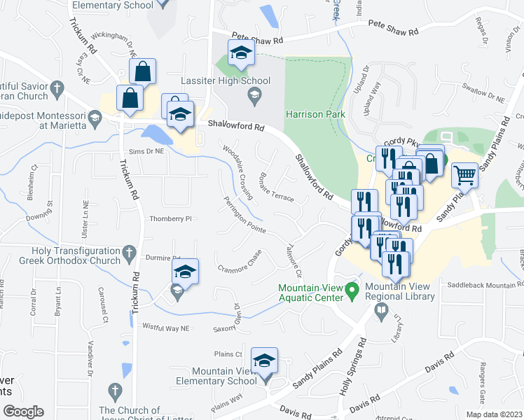 map of restaurants, bars, coffee shops, grocery stores, and more near 3400 Woodshire Crossing in Marietta