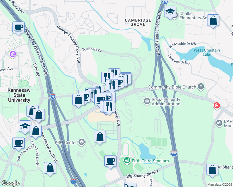 map of restaurants, bars, coffee shops, grocery stores, and more near 600 Chastain Road in Kennesaw