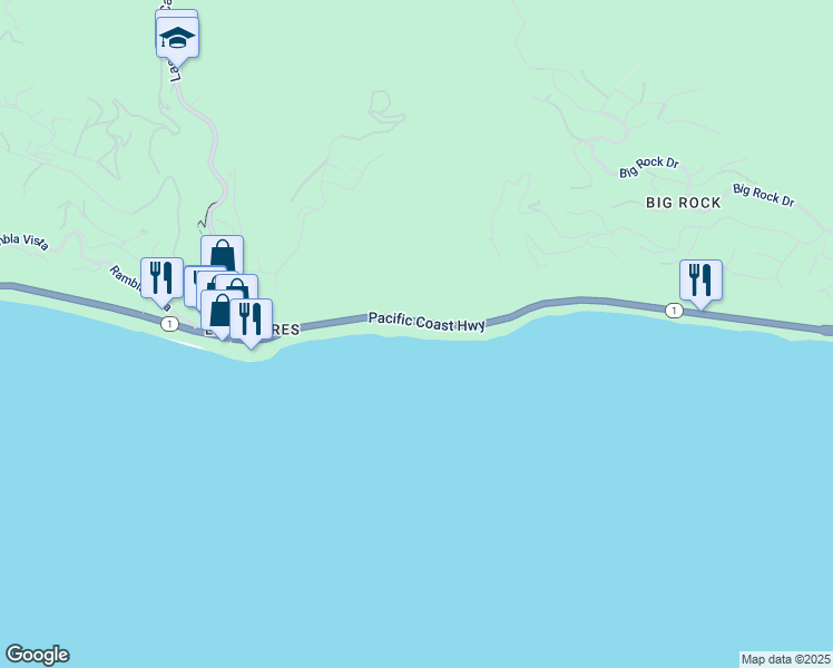 map of restaurants, bars, coffee shops, grocery stores, and more near 20866 East Pacific Coast Highway in Malibu