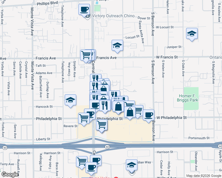 map of restaurants, bars, coffee shops, grocery stores, and more near 11939 Otsego Lane in Chino