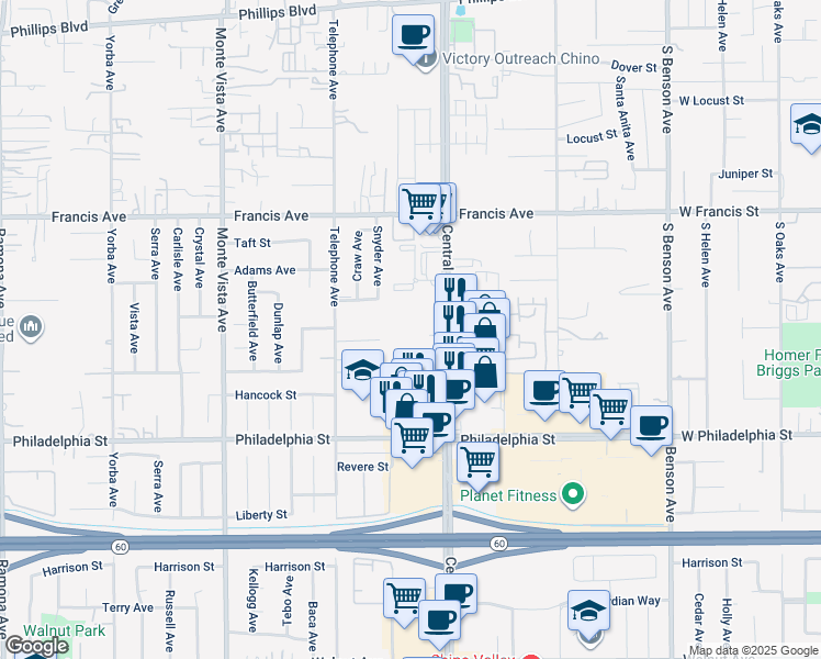 map of restaurants, bars, coffee shops, grocery stores, and more near 5199 Chesapeake Court in Chino