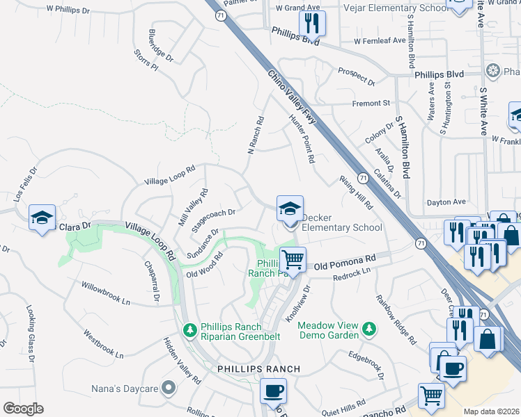 map of restaurants, bars, coffee shops, grocery stores, and more near 9 Frontier Road in Pomona