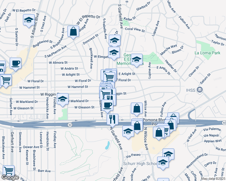 map of restaurants, bars, coffee shops, grocery stores, and more near 190 East Riggin Street in Monterey Park