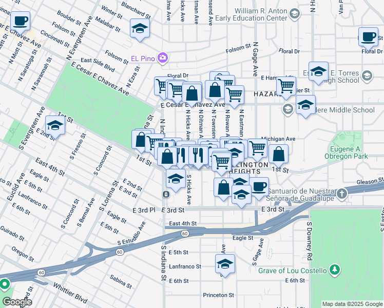map of restaurants, bars, coffee shops, grocery stores, and more near 3580 1st Street in Los Angeles