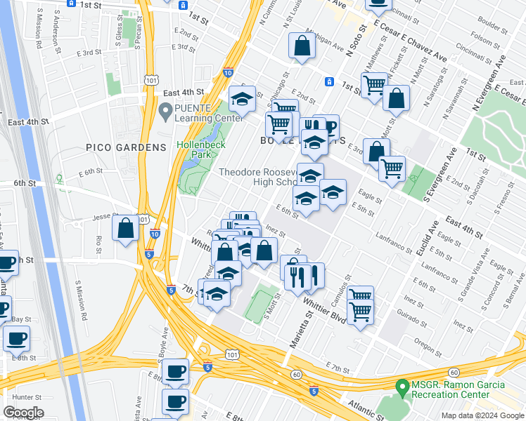 map of restaurants, bars, coffee shops, grocery stores, and more near 632 South Soto Street in Los Angeles