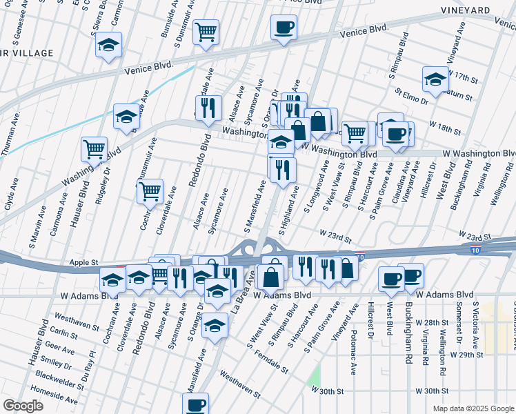 map of restaurants, bars, coffee shops, grocery stores, and more near 2290 South Mansfield Avenue in Los Angeles